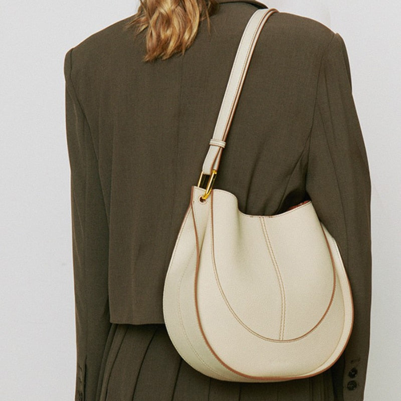 Genuine Leather Women's Shoulder Bags Fashion Retro All-match Classical Saddle Bucket Bag High-end Crossbody Handbag for Ladies