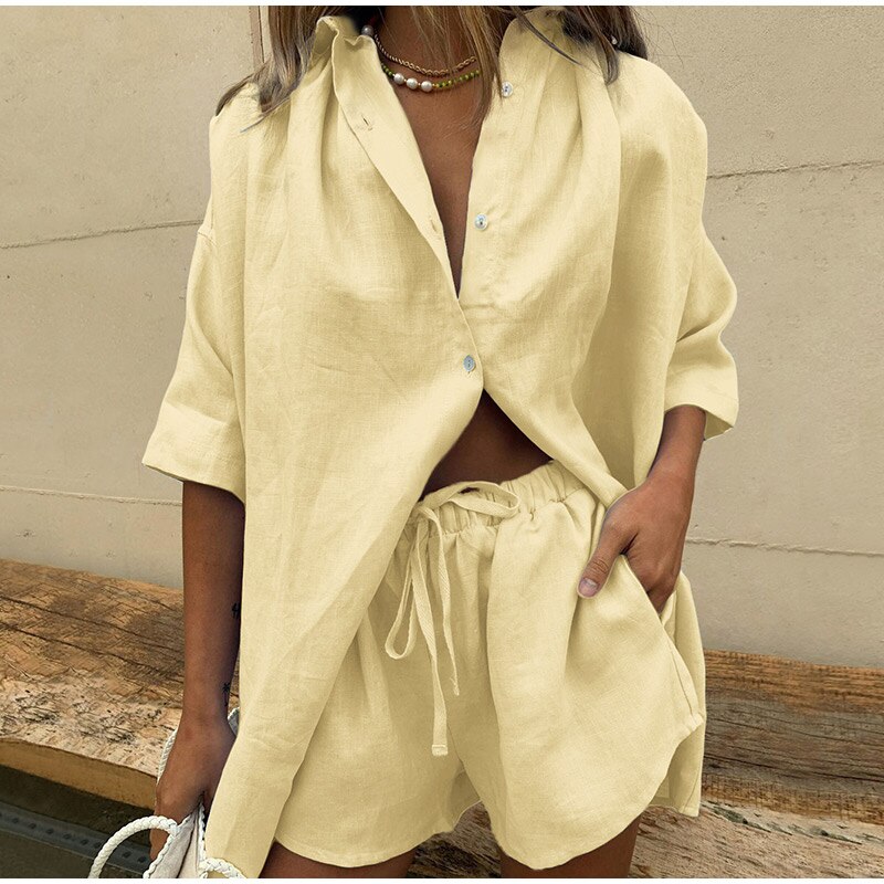 Two Piece Set Tracksuit Shorts Set Long Sleeve Shirt Tops And Mini Shorts Suit Lounge Wear Summer
