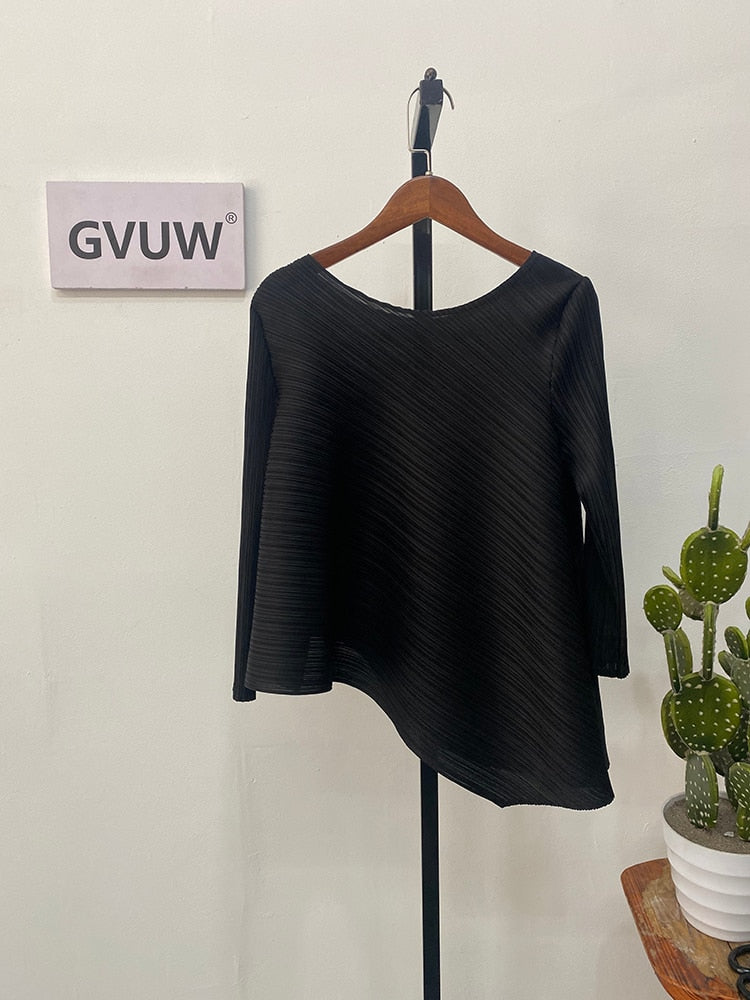 Irregular T-shirts For Women Round Neck Loose Three Quarter Sleeves Pleated Shirt 2023 Summer Female Fashion Top