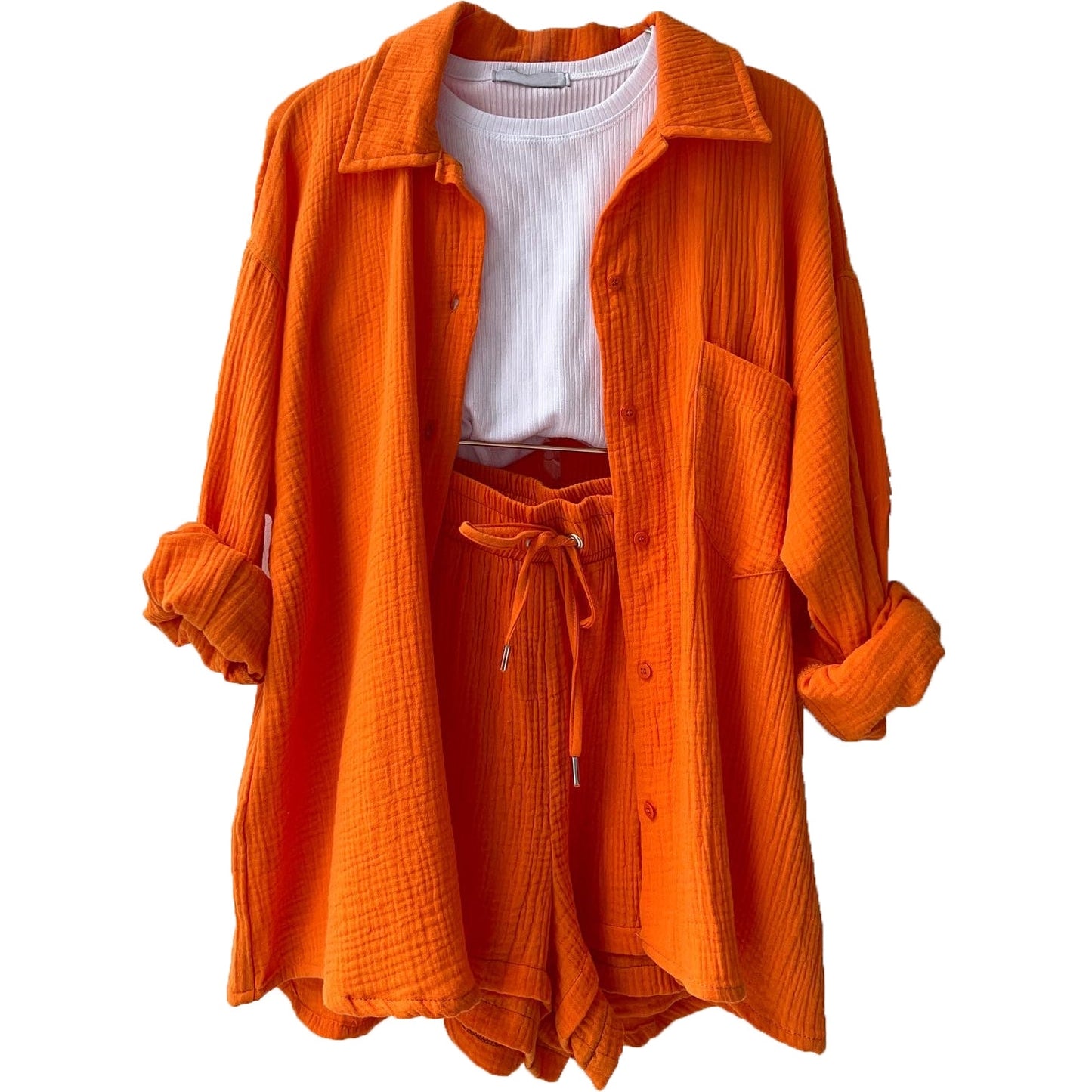 Solid Pleated Two Piece Set Pajamas for Women Summer Two Piece Suit Sleepwear Long Sleeve Short Sets Fashion Button Outfits