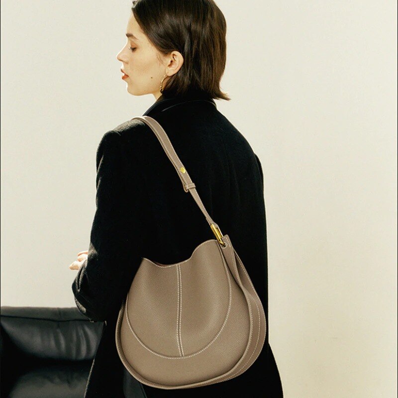 Genuine Leather Women's Shoulder Bags Fashion Retro All-match Classical Saddle Bucket Bag High-end Crossbody Handbag for Ladies