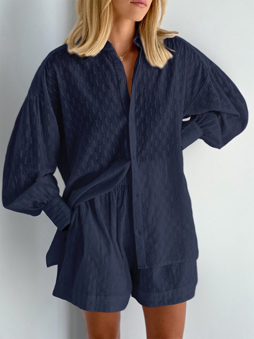 Women's Pajama Set Long Sleeve Ladies Summer Sleepwear 2 Pcs With Shorts Solid Pajama Suit for Female.