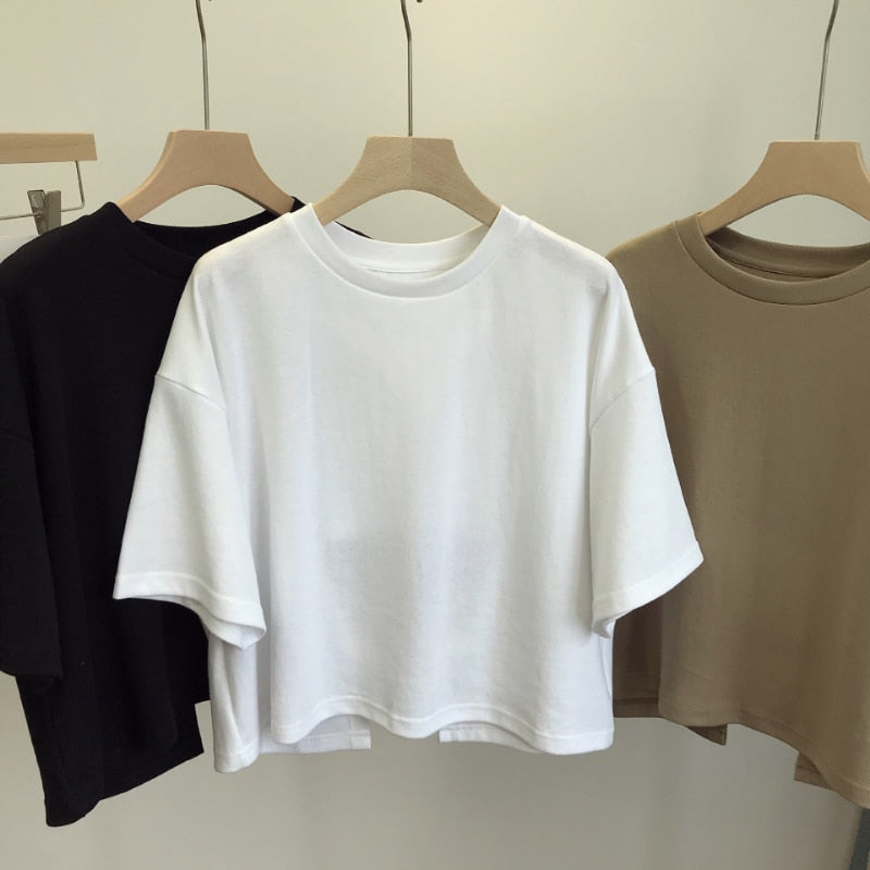 Open Back Short T-shirt Women Sweet Korean Style tshirt 2023 Summer New Round Neck Loose Short Sleeve Tee Tops