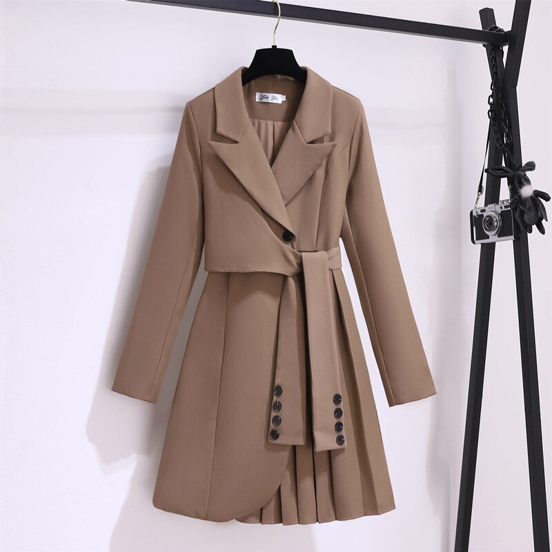 Korean Fashion White Dress Autumn New Waist Notched Long Sleeve Mini Pleated Blazer Dresses for Women
