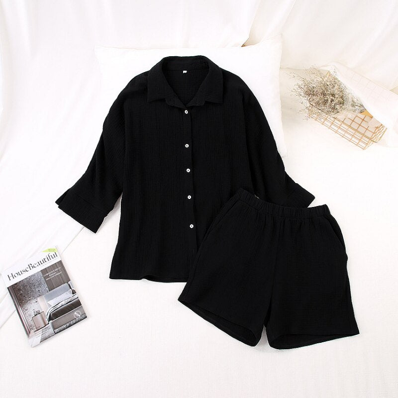 Summer Suit Long Sleeve Women Blouse and Shorts Sets Crepe Pure Cotton Shirts for Women Outfits Thin Casual Two Piece Set