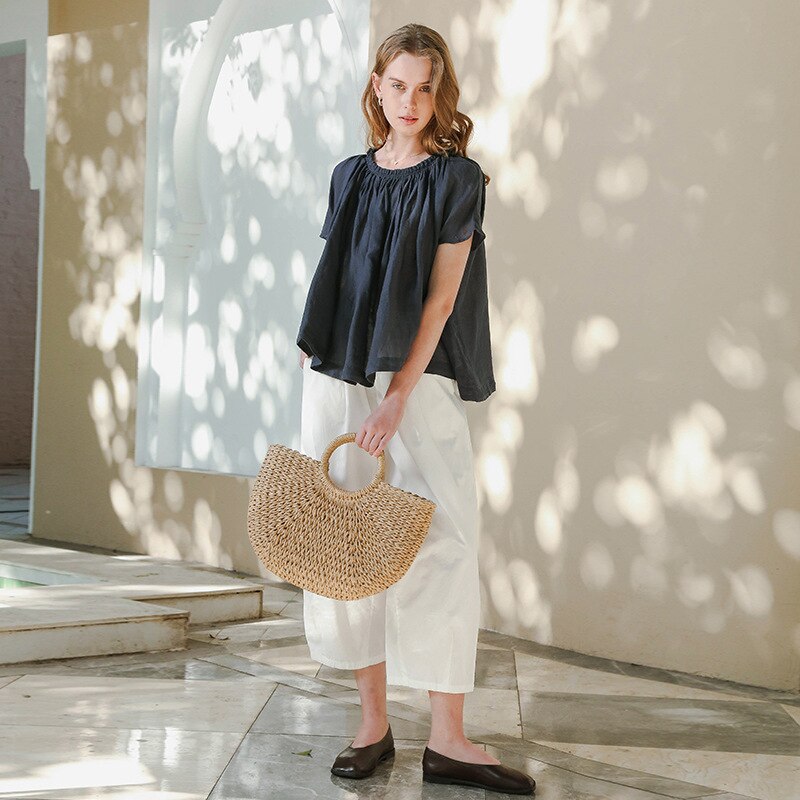Simple Pleated Women Batwing Sleeve Loose Women Shirts 2023 Summer New Casual Solid Color Irregular Blouses