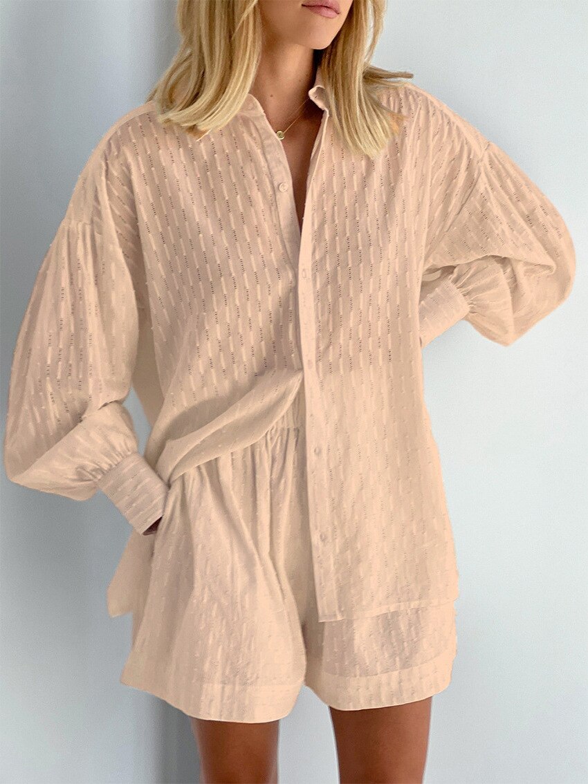 Women's Pajama Set Long Sleeve Ladies Summer Sleepwear 2 Pcs With Shorts Solid Pajama Suit for Female.