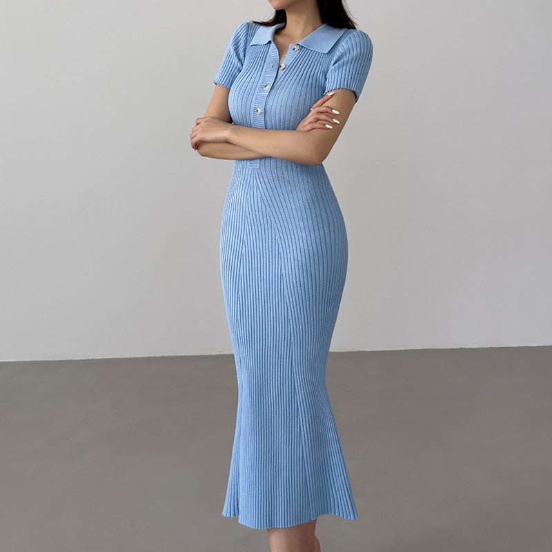Summer Fishtail dress sweater Slim Casual Long Knitted Dress Polo Neck Short Sleeve