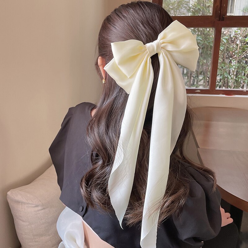 Solid Soft Large Satin Bow Hair pins Wedding Long Ribbon Hair Bow Woman Barrettes for Hair Spring Clip Big Hair Accessories