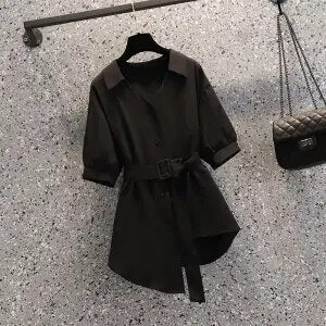 New Summer Elegant Women's Pants Set Personalized Chiffon Shirt Top Black Trousers Two Piece Set Female Tracksuit.