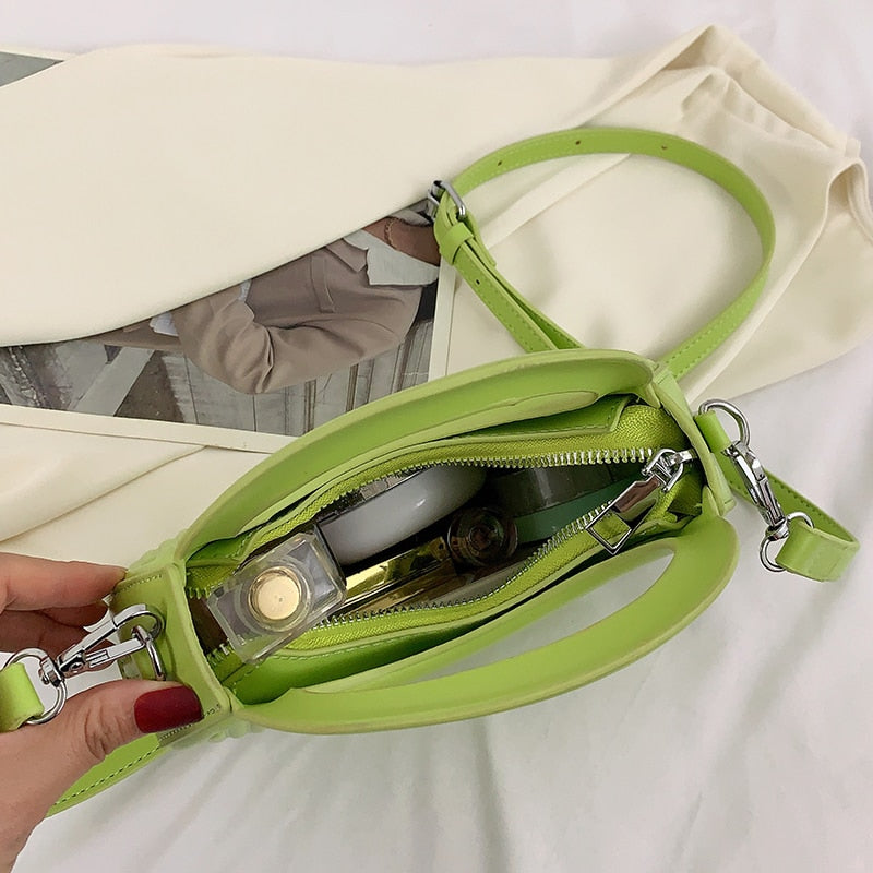 Half Moon Small Shoulder Bag For Women 2023 Spring New Green Purple Handbags Pleated Design Pu Leather Crossbody Round Hand Bag