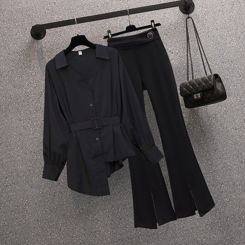 New Summer Elegant Women's Pants Set Personalized Chiffon Shirt Top Black Trousers Two Piece Set Female Tracksuit.