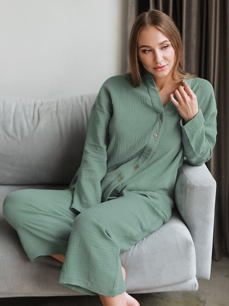Cotton Women's Home Clothes Long Sleeve V Neck 2 Piece Sets Pajamas Loose Trouser Suits Winter Casual Female Sleepwear