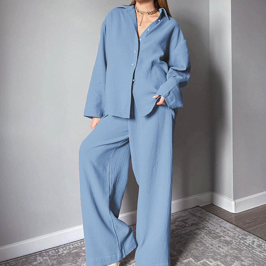 Women's Home Clothes Cotton Brown Long Sleeve 2 Piece Sets Sleepwear Loose Trouser Suits Casual Female Pajamas Autumn Product.