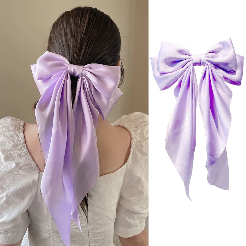 Solid Soft Large Satin Bow Hair pins Wedding Long Ribbon Hair Bow Woman Barrettes for Hair Spring Clip Big Hair Accessories