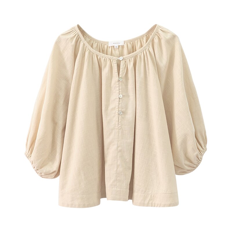 Retro Lantern Sleeve Women's T-Shirt Cotton And Linen Half Sleeve Tops