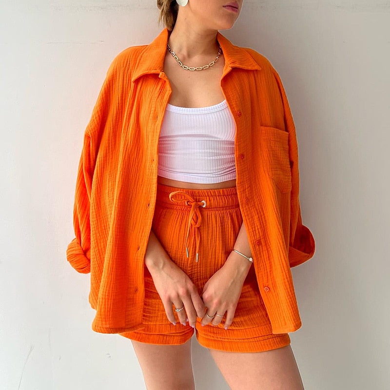 Solid Pleated Two Piece Set Pajamas for Women Summer Two Piece Suit Sleepwear Long Sleeve Short Sets Fashion Button Outfits