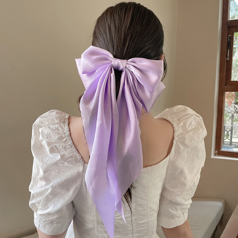 Solid Soft Large Satin Bow Hair pins Wedding Long Ribbon Hair Bow Woman Barrettes for Hair Spring Clip Big Hair Accessories