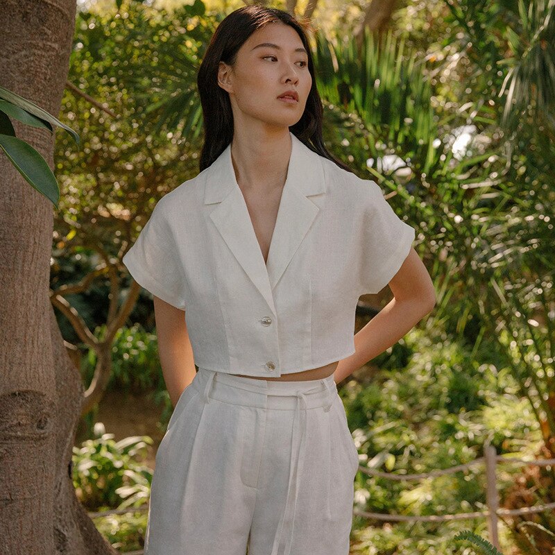 100% linen -Batwing sleeve with drop shoulder Solid color Vintage Notched Collarr