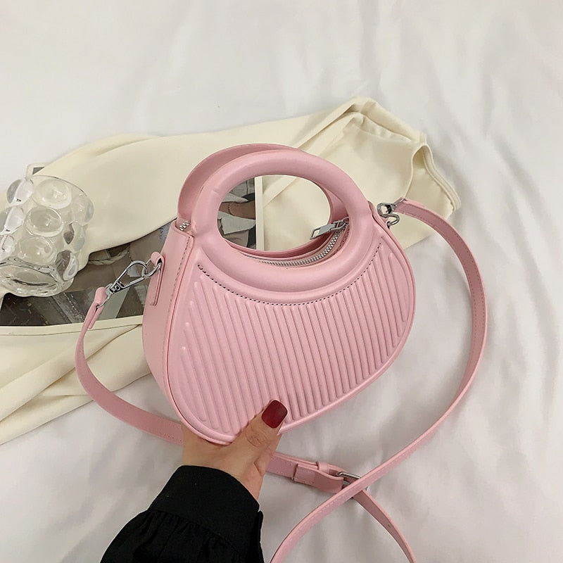 Half Moon Small Shoulder Bag For Women 2023 Spring New Green Purple Handbags Pleated Design Pu Leather Crossbody Round Hand Bag