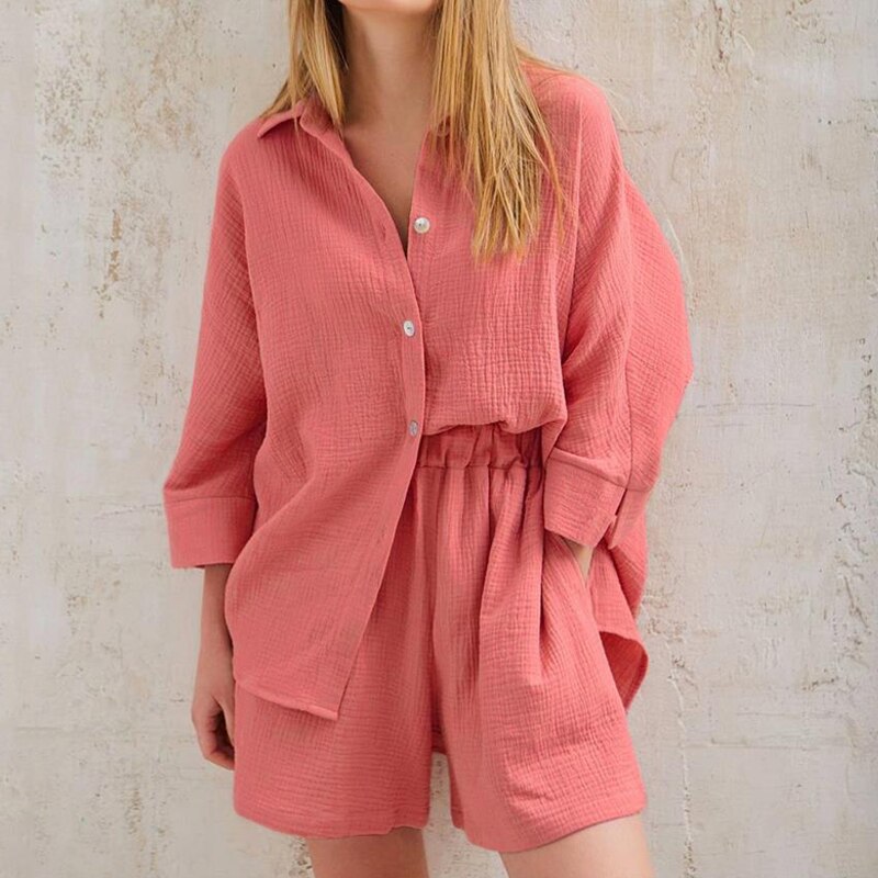 Summer Suit Long Sleeve Women Blouse and Shorts Sets Crepe Pure Cotton Shirts for Women Outfits Thin Casual Two Piece Set