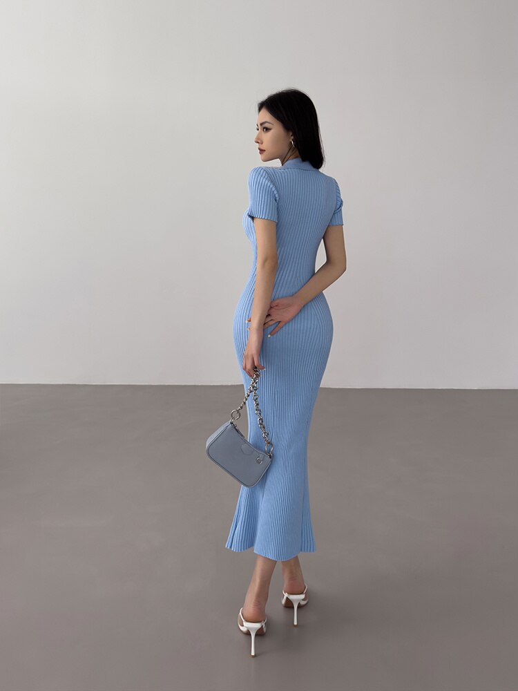 Summer Fishtail dress sweater Slim Casual Long Knitted Dress Polo Neck Short Sleeve