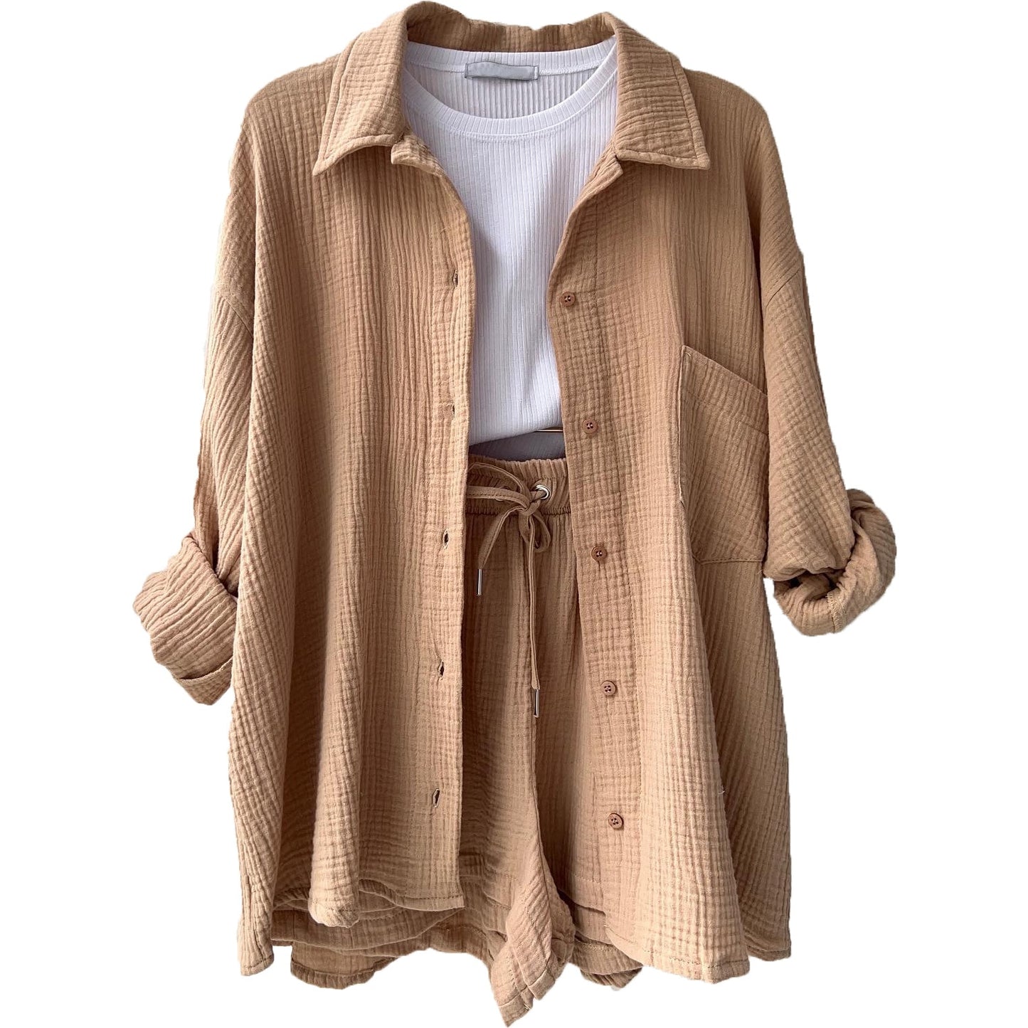 Solid Pleated Two Piece Set Pajamas for Women Summer Two Piece Suit Sleepwear Long Sleeve Short Sets Fashion Button Outfits