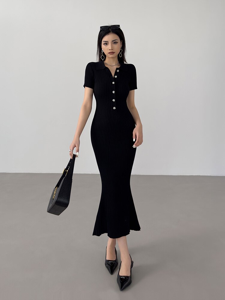 Summer Fishtail dress sweater Slim Casual Long Knitted Dress Polo Neck Short Sleeve