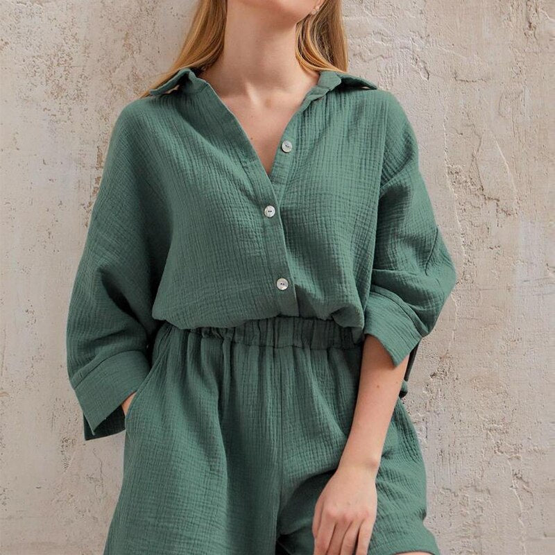 Summer Suit Long Sleeve Women Blouse and Shorts Sets Crepe Pure Cotton Shirts for Women Outfits Thin Casual Two Piece Set