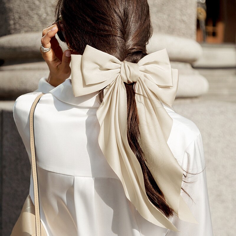 Solid Soft Large Satin Bow Hair pins Wedding Long Ribbon Hair Bow Woman Barrettes for Hair Spring Clip Big Hair Accessories