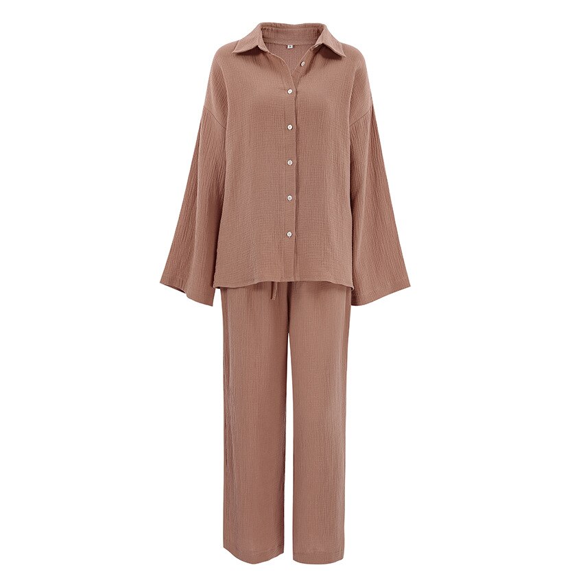 Women's Home Clothes Cotton Brown Long Sleeve 2 Piece Sets Sleepwear Loose Trouser Suits Casual Female Pajamas Autumn Product.