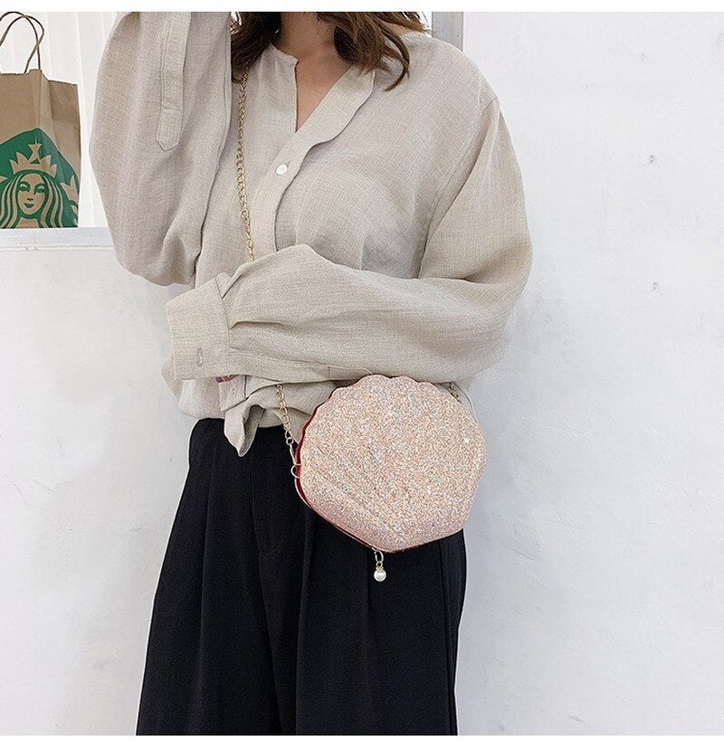 Women Shoulder Handbags Shell Bag Chain Cute Sequins Small Bag Phone Money Pouch Zipper Crossbody Bags for Women
