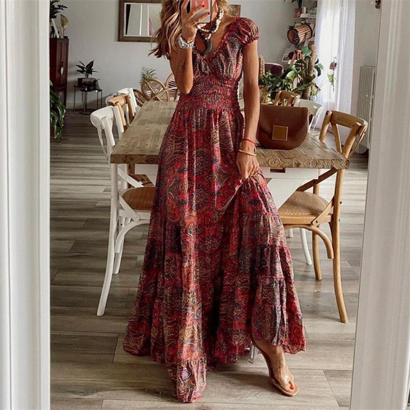 Women Vintage Print Maxi Dresses Summer Casual V Neck Short Sleeve Elastic Waist Dress Female Boho Beach Big Swing Long Dresses.