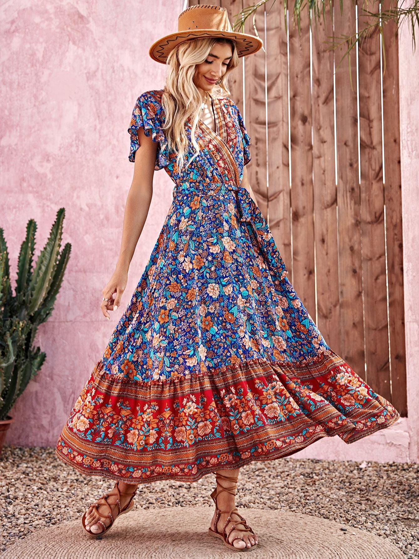 Summer Beach Floral Print Dress for Women Bohemian Elegant Ladies V-neck Short Sleeve Female Boho Hippie Maxi Dresses