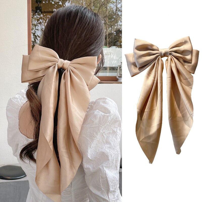 Solid Soft Large Satin Bow Hair pins Wedding Long Ribbon Hair Bow Woman Barrettes for Hair Spring Clip Big Hair Accessories