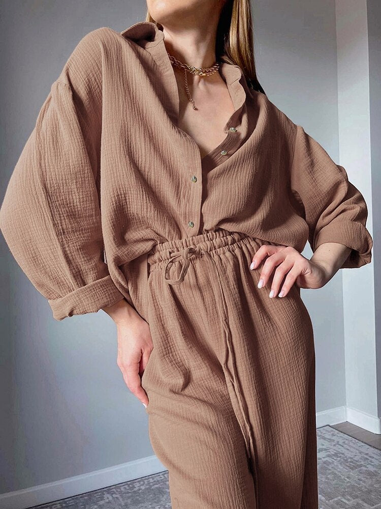 Cotton Women's Home Clothes Brown Long Sleeve 2 Piece Sets Sleepwear Loose Trouser Suits Casual Female Pajamas Autumn 2023