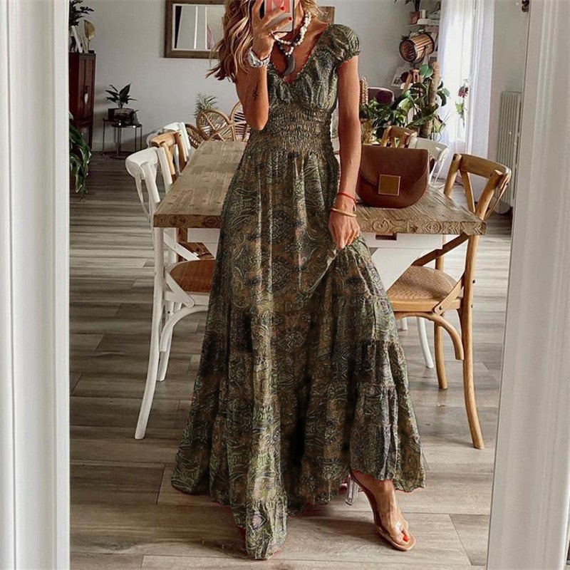 Women Vintage Print Maxi Dresses Summer Casual V Neck Short Sleeve Elastic Waist Dress Female Boho Beach Big Swing Long Dresses.