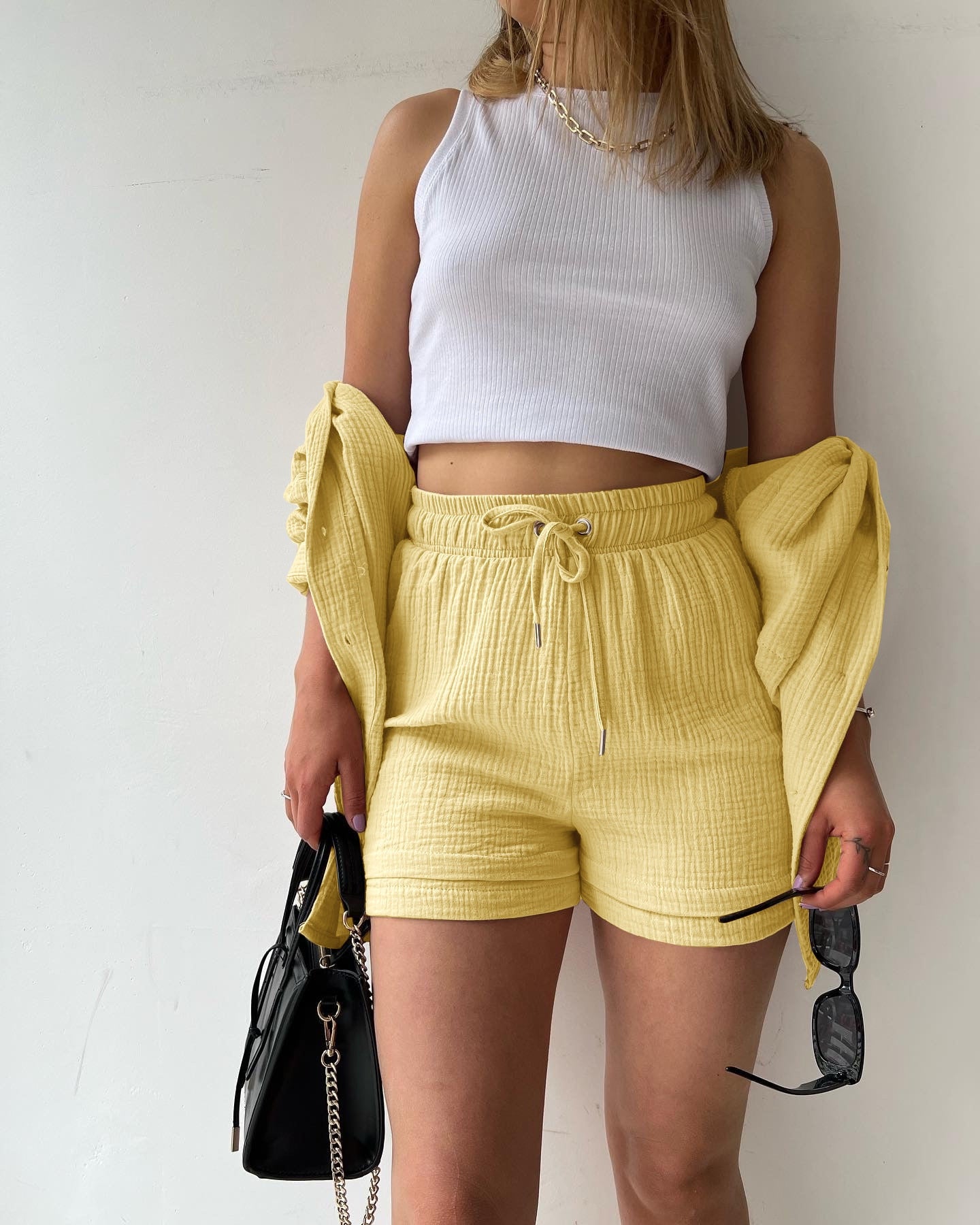 Solid Pleated Two Piece Set Pajamas for Women Summer Two Piece Suit Sleepwear Long Sleeve Short Sets Fashion Button Outfits