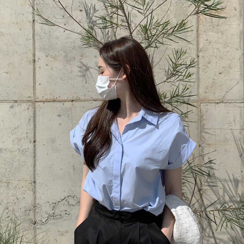 Casual Fashion Design Short-Sleeved Blue Shirt Women's Summer Top