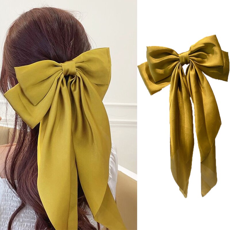 Solid Soft Large Satin Bow Hair pins Wedding Long Ribbon Hair Bow Woman Barrettes for Hair Spring Clip Big Hair Accessories