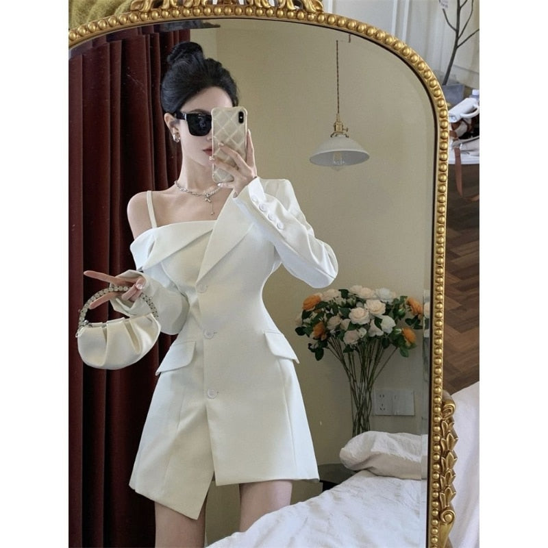 Chic Fashion Women Elegant Off Shoulder Dresses Spring 2023 Irregular Slim Button Up Blazer