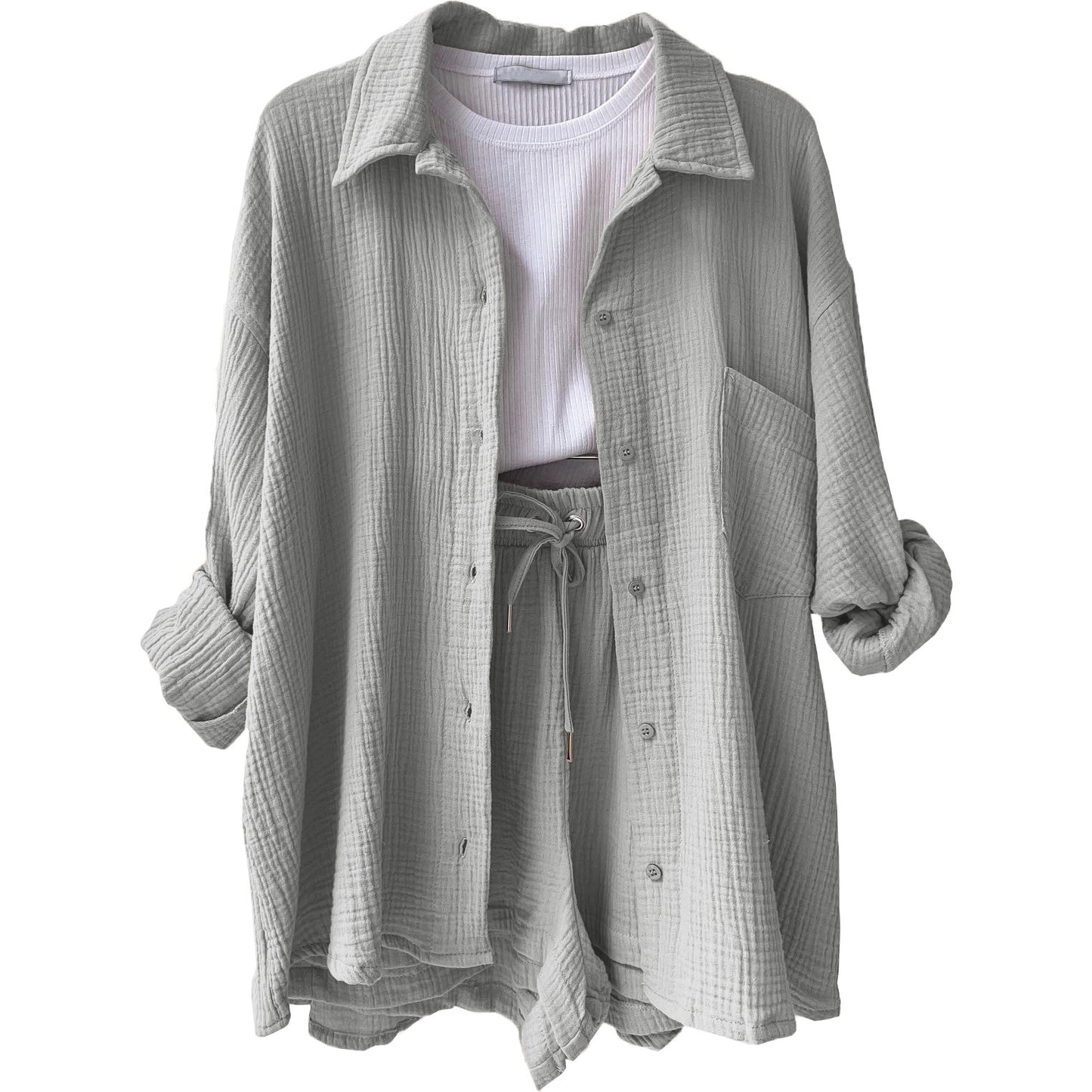 Solid Pleated Two Piece Set Pajamas for Women Summer Two Piece Suit Sleepwear Long Sleeve Short Sets Fashion Button Outfits