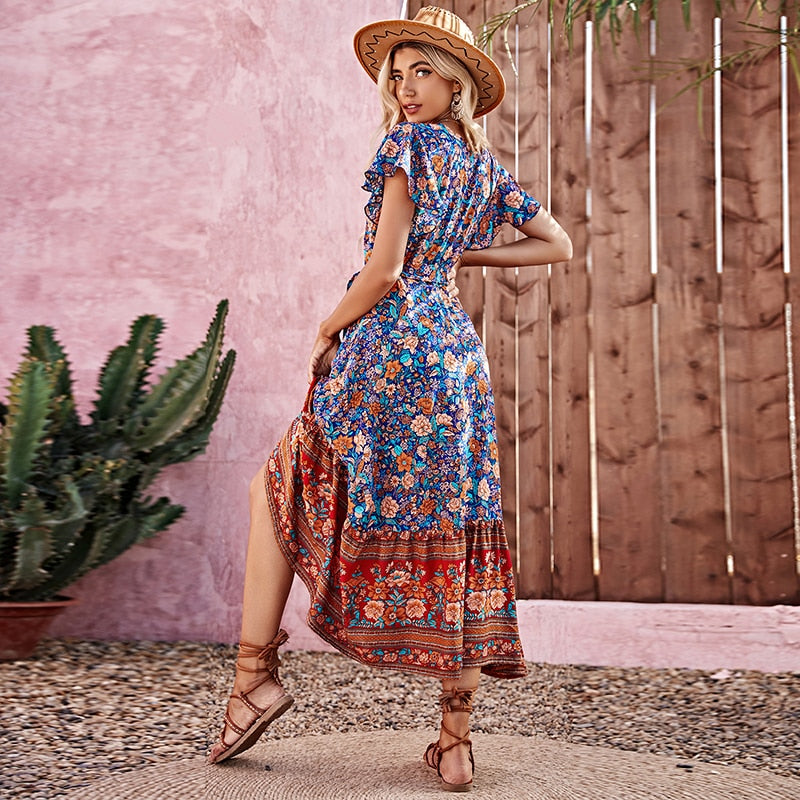Summer Beach Floral Print Dress for Women Bohemian Elegant Ladies V-neck Short Sleeve Female Boho Hippie Maxi Dresses