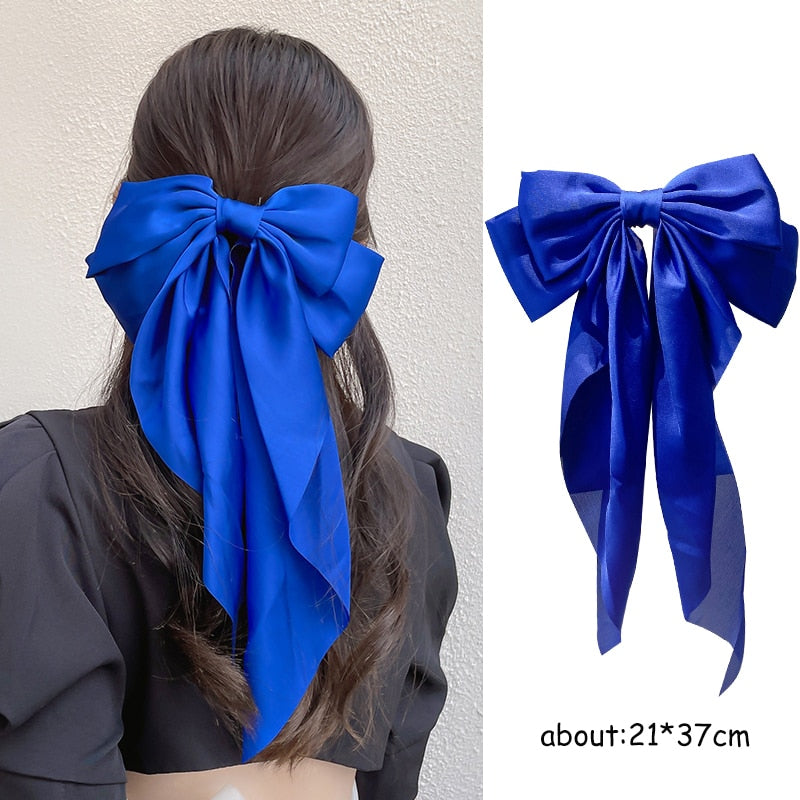 Solid Soft Large Satin Bow Hair pins Wedding Long Ribbon Hair Bow Woman Barrettes for Hair Spring Clip Big Hair Accessories