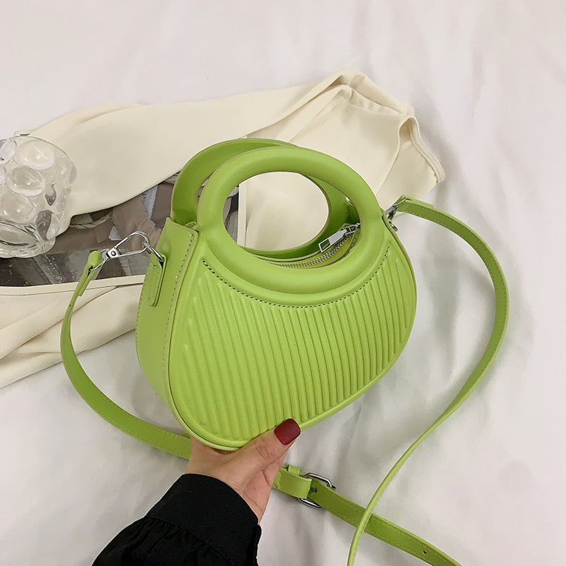 Half Moon Small Shoulder Bag For Women 2023 Spring New Green Purple Handbags Pleated Design Pu Leather Crossbody Round Hand Bag