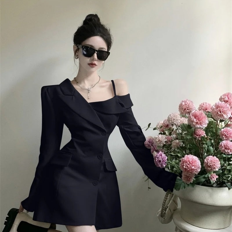 Chic Fashion Women Elegant Off Shoulder Dresses Spring 2023 Irregular Slim Button Up Blazer