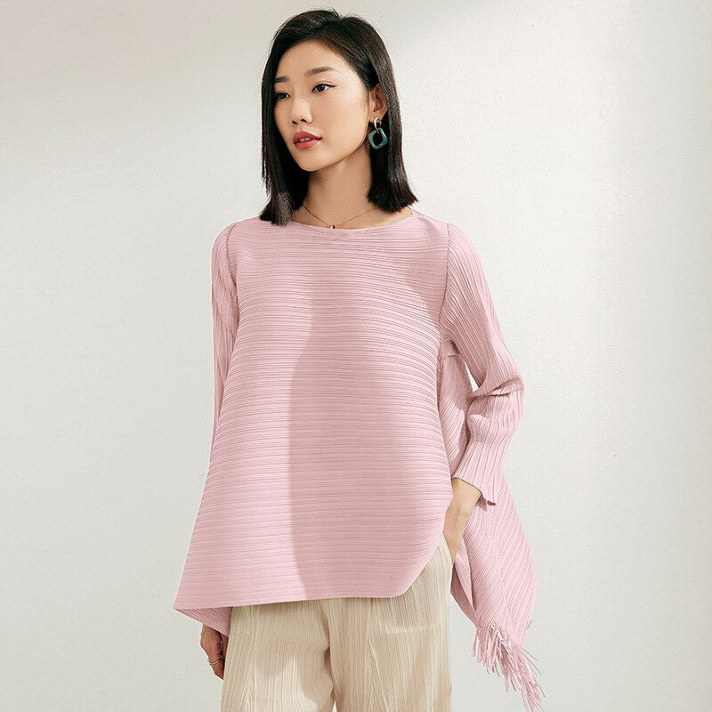 Pleated A-line Loose Thin Top Women's Design Small Fringe T-Shirt Long Sleeve Medium Length