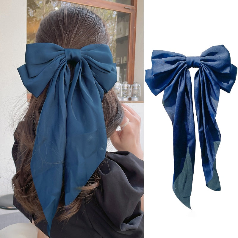 Solid Soft Large Satin Bow Hair pins Wedding Long Ribbon Hair Bow Woman Barrettes for Hair Spring Clip Big Hair Accessories
