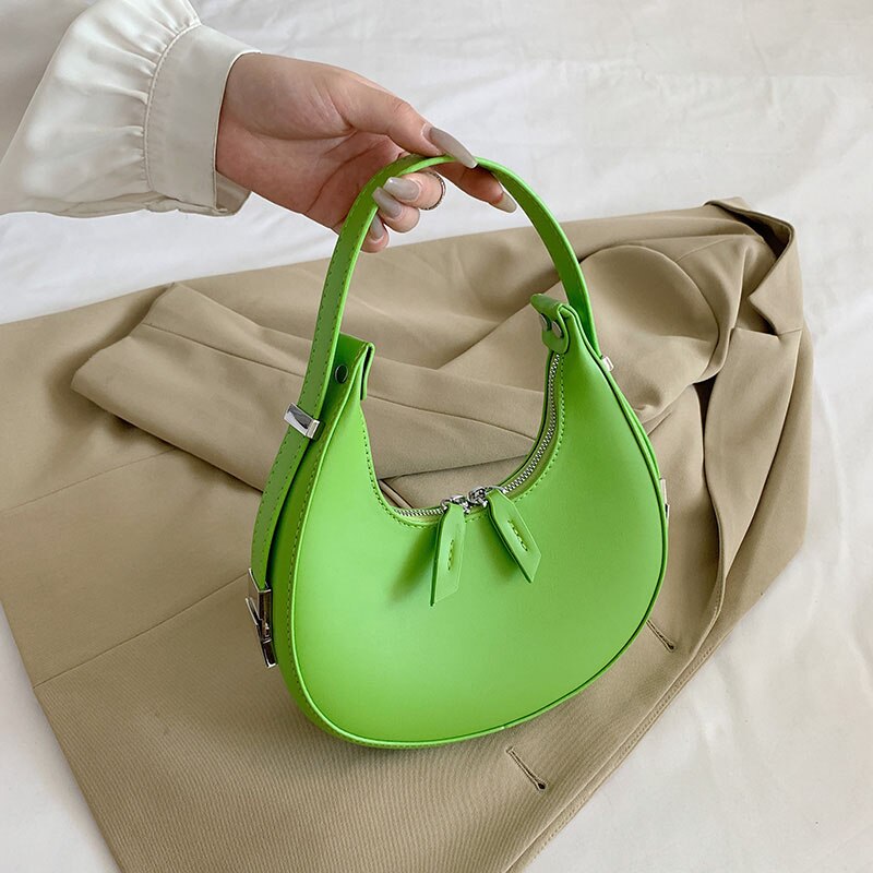 Half-Moon Green PU Leather Crossbody Bags for Women 2023 Luxury Designer Handbag and Purses Small Shoulder Bag Lady Travel Totes