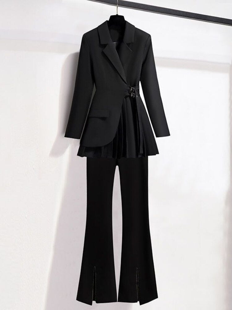Women Suits Office Sets New Spring Long Sleeve Fold Pocket Blazer Women Solid Color Bell Bottoms Fashion Elegance Office Lady